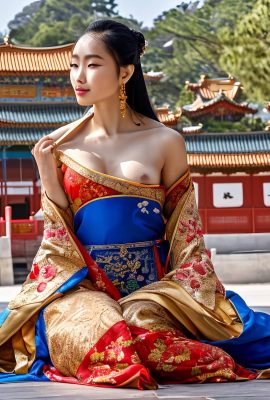 أقراط ذهبية معلقة، صورة أميرة صينية جميلة تظهر المهبل والثدي