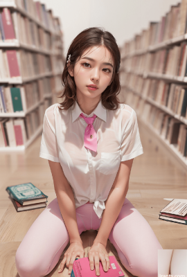 فتاة طماق الوردي في المكتبة